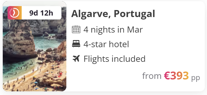 Algarve Portugal holiday deal with flights and 4-star hotel included, 4-night stay from €393 per person.