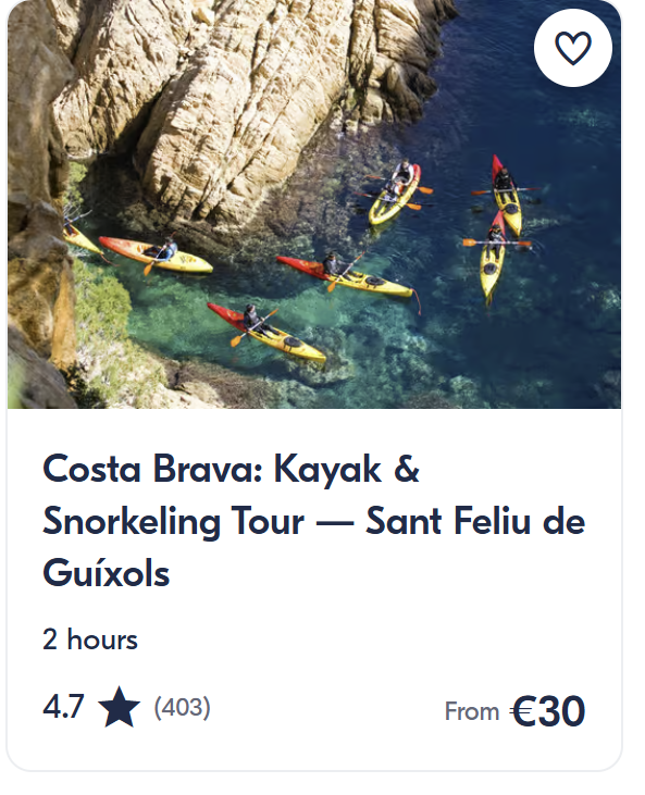 Costa Brava activities and tours including kayaking, snorkeling, boat trips, Girona volcano tour and Costa Brava day trips with prices and ratings.