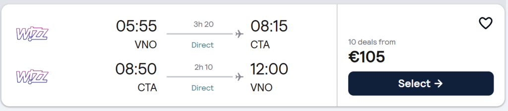 Pigūs skrydžiai iš Vilniaus į Kataniją Sicilijoje su tiesioginiais skrydžiais pirmyn ir atgal.