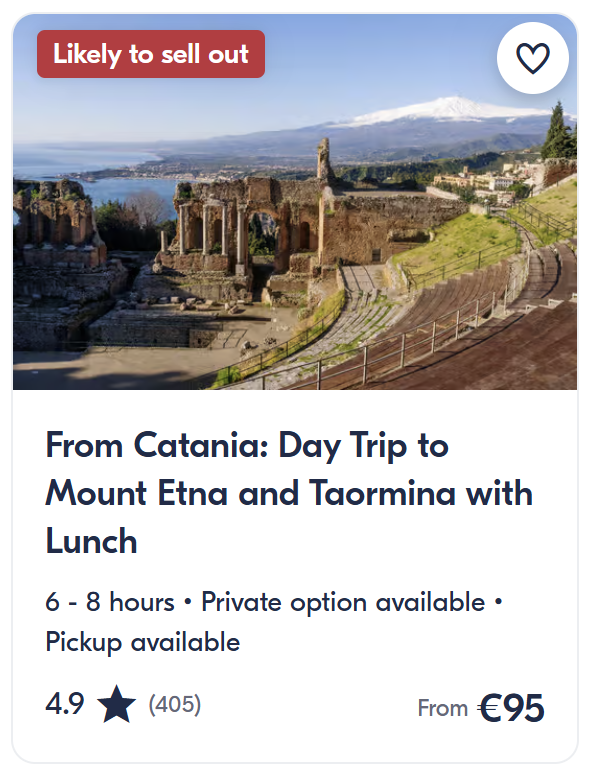 Top tours and activities in Catania Sicily including Mount Etna tours, Taormina day trips and Alcantara Gorges excursions.