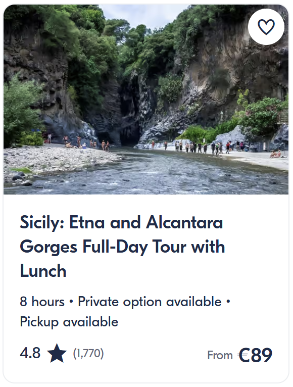 Top tours and activities in Catania Sicily including Mount Etna tours, Taormina day trips and Alcantara Gorges excursions.