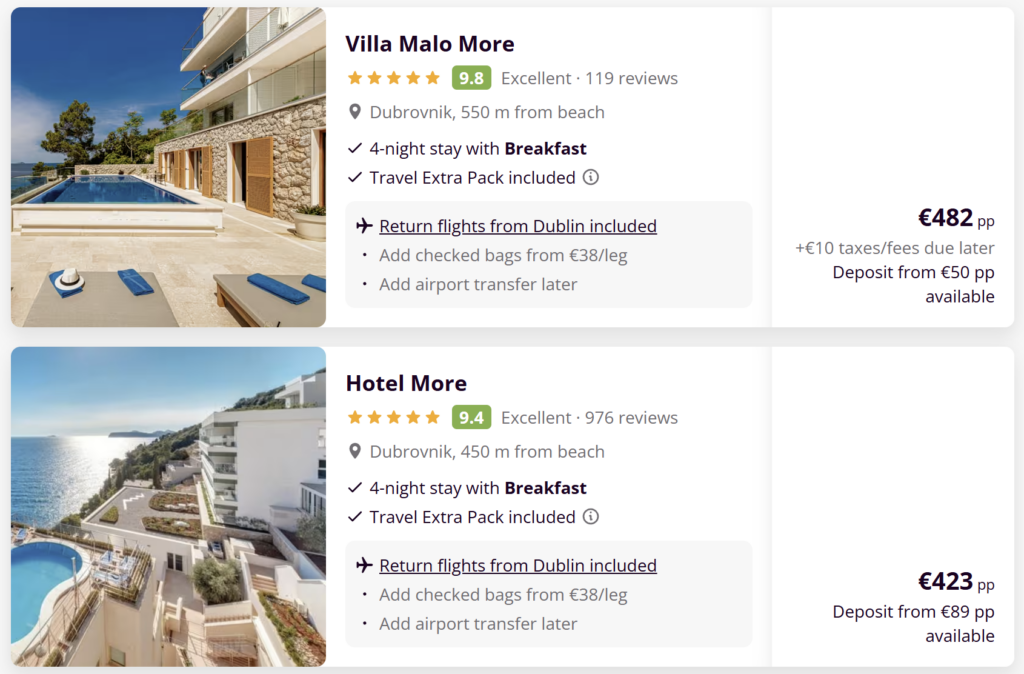 Cheap flight and hotel deal from Dublin to Dubrovnik Croatia with direct flights and coastal hotel stay