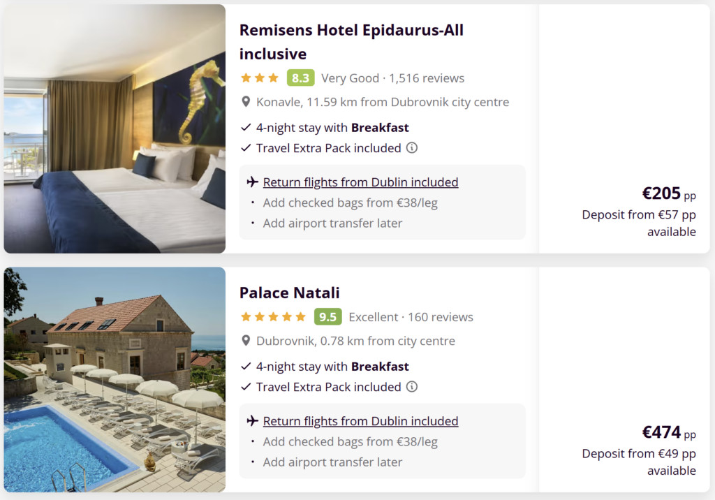 Cheap flight and hotel deal from Dublin to Dubrovnik Croatia with direct flights and coastal hotel stay