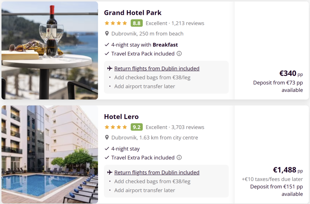 Cheap flight and hotel deal from Dublin to Dubrovnik Croatia with direct flights and coastal hotel stay