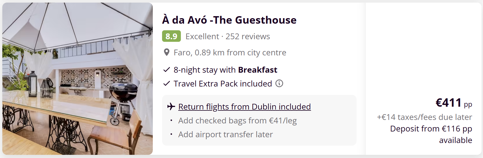 Faro travel deal from Dublin with direct Ryanair flights, 8-night stay at À da Avó – The Guesthouse near Faro city centre with breakfast included, travel dates 16–24 June 2026, price from €411 per person with deposit from €116 available.