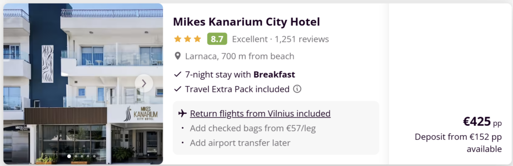 Kipras iš Vilniaus – tiesioginiai skrydžiai Vilnius (VNO) į Larnaką (LCA), 7 naktys viešbutyje Mikes Kanarium City Hotel su pusryčiais, kelionės datos 2026-05-11 – 2026-05-18, kelionės kaina nuo €425 vienam asmeniui.