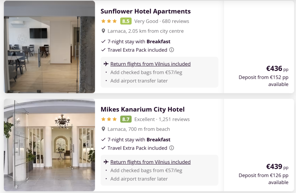 Kipras iš Vilniaus – tiesioginiai skrydžiai Vilnius (VNO) į Larnaką (LCA), 7 naktys viešbutyje Mikes Kanarium City Hotel su pusryčiais, kelionės datos 2026-05-11 – 2026-05-18, kelionės kaina nuo €425 vienam asmeniui.