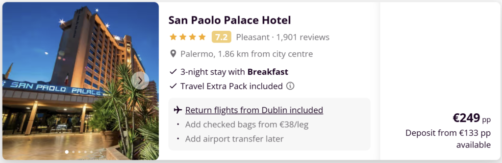 Travel deal to Palermo, Sicily from Dublin including return Ryanair flights, 3 nights at the 4-star San Paolo Palace Hotel with breakfast, price from €249 per person with deposit option available.