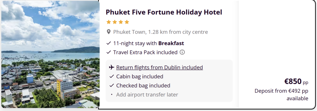 Cheap Phuket holiday from Dublin with flights and 11-night stay in a 4-star hotel including breakfast from €850 per person.