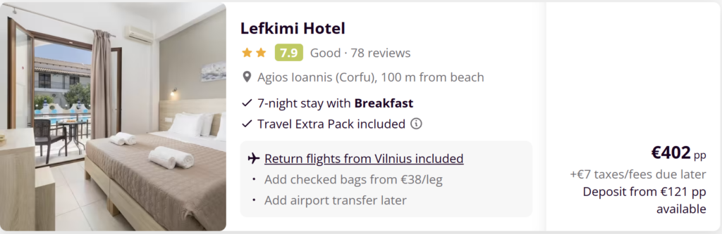 Korfu Graikija paplūdimys ir kelionės pasiūlymas iš Vilniaus su skrydžiais, 7 nakvynėmis ir pusryčiais nuo €329.