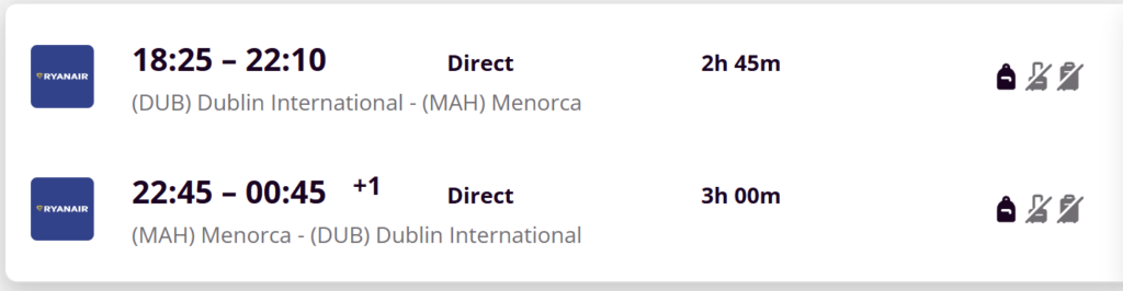 Menorca holiday deal from Dublin – return direct flights, 7 nights at 4★ BLUESEA Marina Parc hotel with breakfast included, travel dates 6–13 May, price from €294 per person with deposit from €87 available.