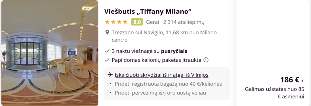 Skrydis Vilnius–Milanas su viešbučiu balandžio 13–16, kaina nuo 186 € su pusryčiais, 4★ viešbutis, pigi kelionė į Italiją, TripNest deal