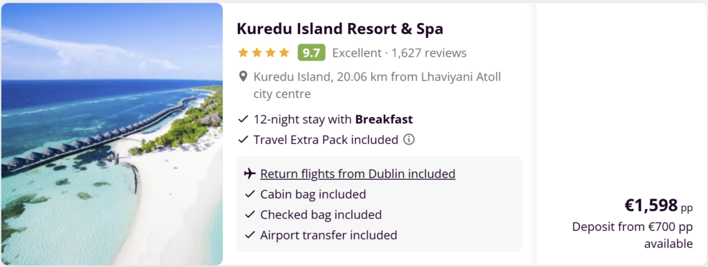 Maldives flight deal from Dublin with Turkish Airlines, return flights €598, tropical beach with turquoise water and overwater villas