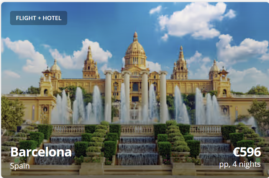Personalized travel deals under €600 from Dublin, city and beach holiday options with fixed dates, custom travel planning page for European destinations