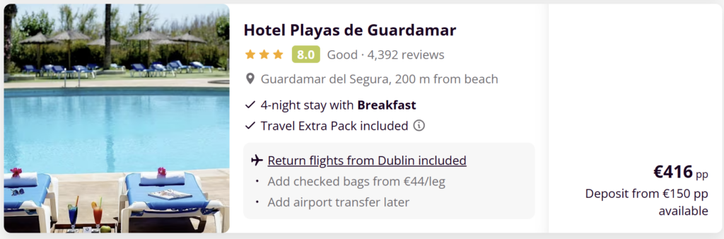 Beach holiday package from Dublin with flight and hotel included, travel dates 30 March to 3 April, Easter break deal