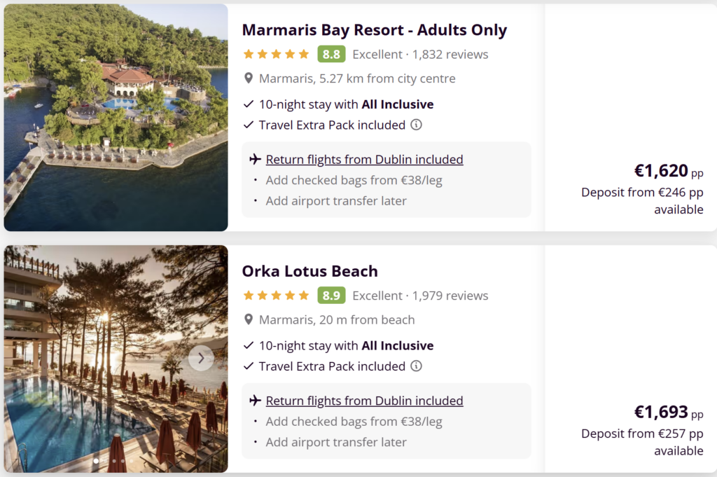 Luxury hotel in Marmaris with large outdoor swimming pool, sun loungers and palm trees, all inclusive holiday package with flights included