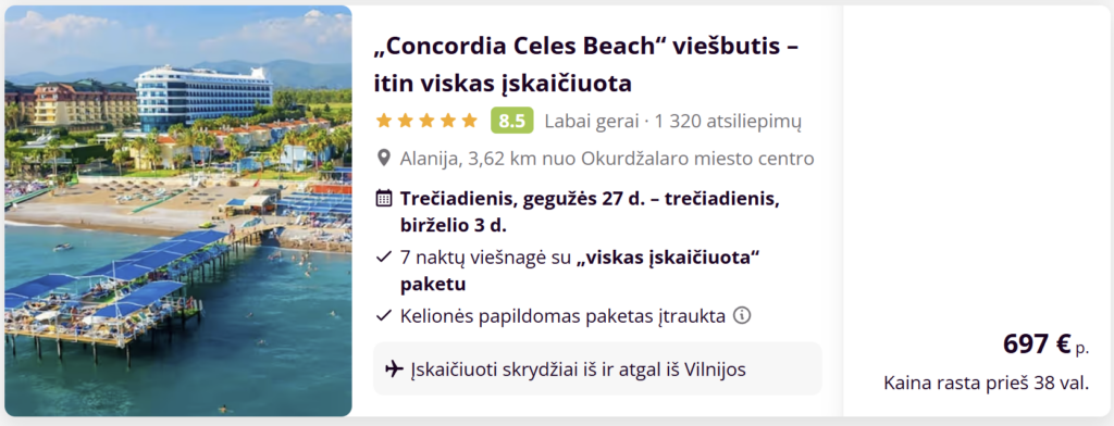 Alanja iš Vilniaus, 5 žvaigždučių „Concordia Celes Beach“ viešbutis, ultra viskas įskaičiuota, 2026 gegužės 27 – birželio 3, kaina 641 € asmeniui