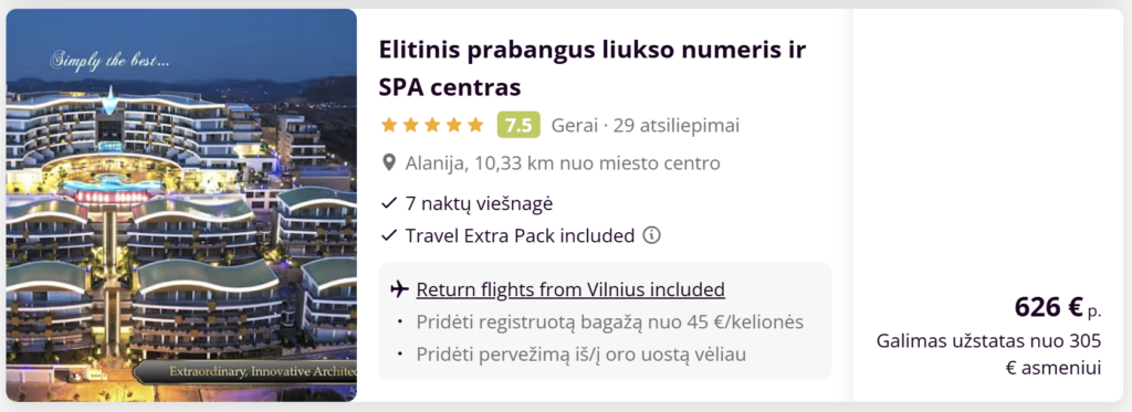 Alanja iš Vilniaus, 5 žvaigždučių „Concordia Celes Beach“ viešbutis, ultra viskas įskaičiuota, 2026 gegužės 27 – birželio 3, kaina 641 € asmeniui