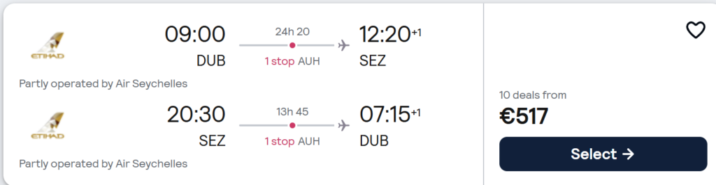 Affordable return flights from Dublin to Seychelles (Mahé) in May 2026 with one stop in Abu Dhabi, operated by Etihad Airways and Air Seychelles, starting from €517 per person.