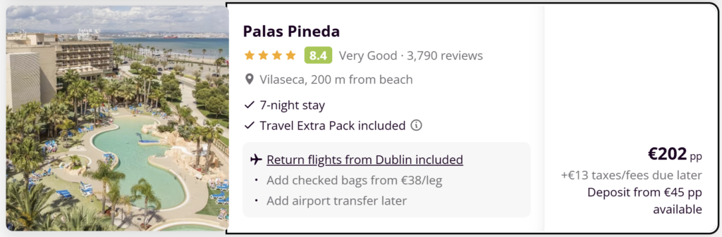 Salou Spain holiday from Dublin with 4 star Palas Pineda hotel near the beach and flights included from €202 per person