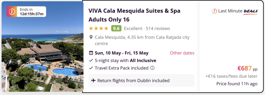 cheap holidays to Mallorca from Dublin, Mallorca all inclusive deals Ireland, adults only Mallorca hotel, cheap flights Dublin to Mallorca, Spain holiday packages 2026, Cala Mesquida hotel deal, Mallorca travel deals