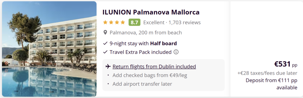 Mallorca holiday deal from Dublin including ILUNION Palmanova hotel, beach, swimming pool and Palma city views.