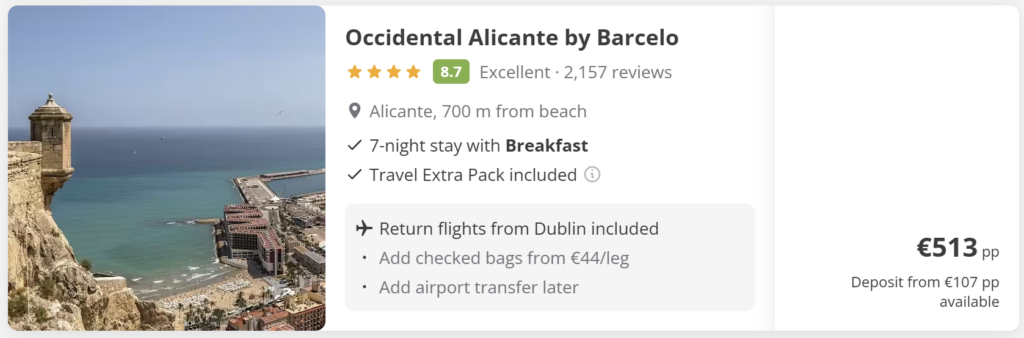 Occidental Alicante hotel near the beach with coastal city and sea view, 7-night stay with breakfast included plus return direct flights from Dublin (DUB) to Alicante (ALC), from €513 per person.