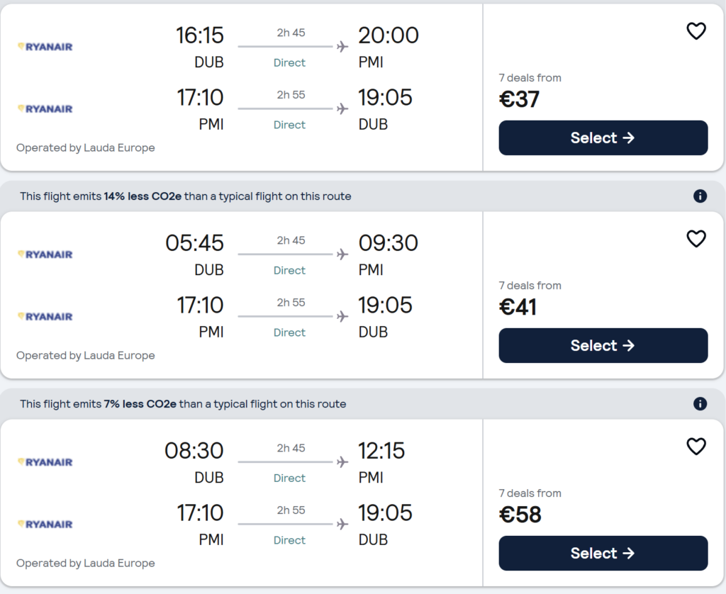 Cheap flights from Dublin to Palma Mallorca with direct Ryanair flights, travel dates April 2026, from €37 return