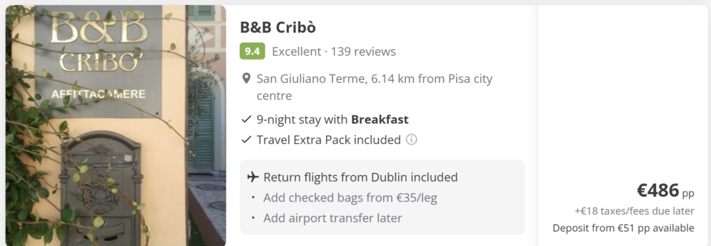 Pisa from Dublin 9-night flight and hotel package at B&B Cribò with breakfast included, located in San Giuliano Terme near Pisa. Return flights from Dublin included, Travel Extra Pack included, price from €486 per person. Tuscany city break close to Pisa and the Leaning Tower.