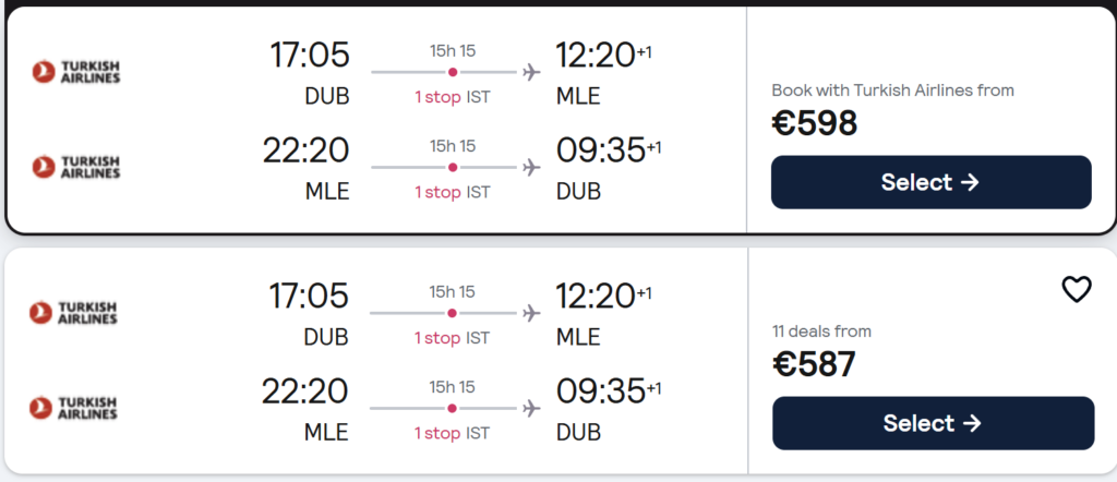Maldives flight deal from Dublin with Turkish Airlines, return flights €598, tropical beach with turquoise water and overwater villas