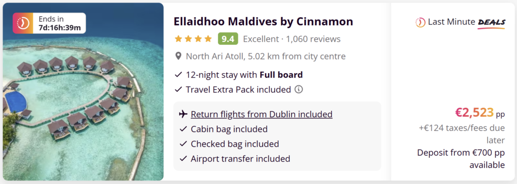 Maldives flight deal from Dublin with Turkish Airlines, return flights €598, tropical beach with turquoise water and overwater villas