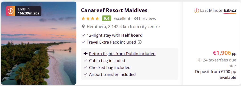 Maldives flight deal from Dublin with Turkish Airlines, return flights €598, tropical beach with turquoise water and overwater villas