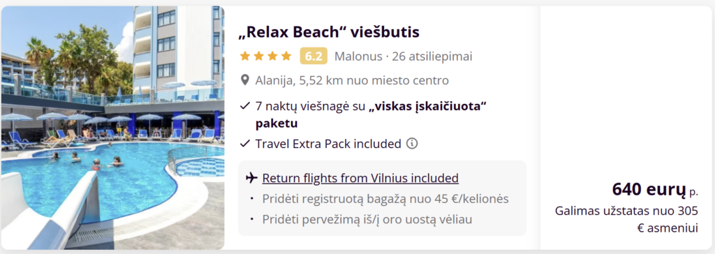 Alanja iš Vilniaus, 5 žvaigždučių „Concordia Celes Beach“ viešbutis, ultra viskas įskaičiuota, 2026 gegužės 27 – birželio 3, kaina 641 € asmeniui