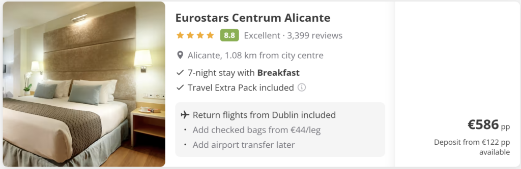 Eurostars Centrum Alicante modern hotel room with double bed, 7-night stay with breakfast included plus return direct flights from Dublin (DUB) to Alicante (ALC), from €586 per person.
