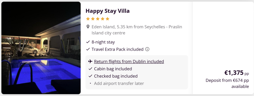 Affordable return flights from Dublin to Seychelles (Mahé) in May 2026 with one stop in Abu Dhabi, operated by Etihad Airways and Air Seychelles, starting from €517 per person.
