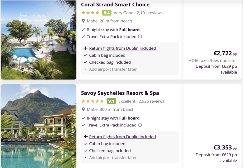 Affordable return flights from Dublin to Seychelles (Mahé) in May 2026 with one stop in Abu Dhabi, operated by Etihad Airways and Air Seychelles, starting from €517 per person.