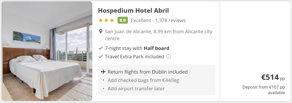 Hospedium Hotel Abril in San Juan de Alicante with bright double room and balcony view, 7-night half board stay including return direct flights from Dublin (DUB) to Alicante (ALC), from €514 per person.
