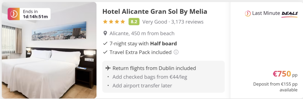 Hotel Alicante Gran Sol by Melia near Alicante beach with modern double room, 7-night half board stay including return direct flights from Dublin (DUB) to Alicante (ALC), from €750 per person.
