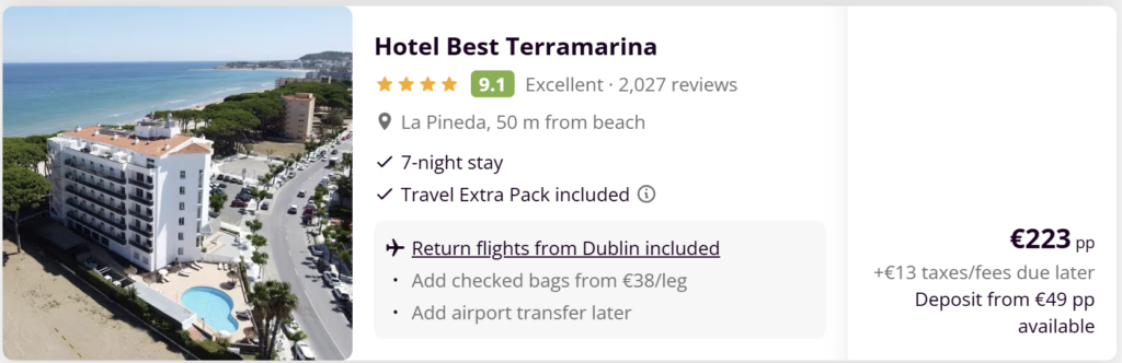 Salou Spain holiday from Dublin with 4 star Palas Pineda hotel near the beach and flights included from €202 per person