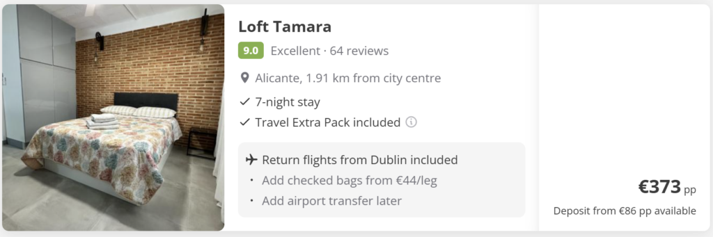 Loft Tamara apartment in Alicante with double bed and brick wall interior, 7-night stay including return direct flights from Dublin (DUB) to Alicante (ALC), from €373 per person.
