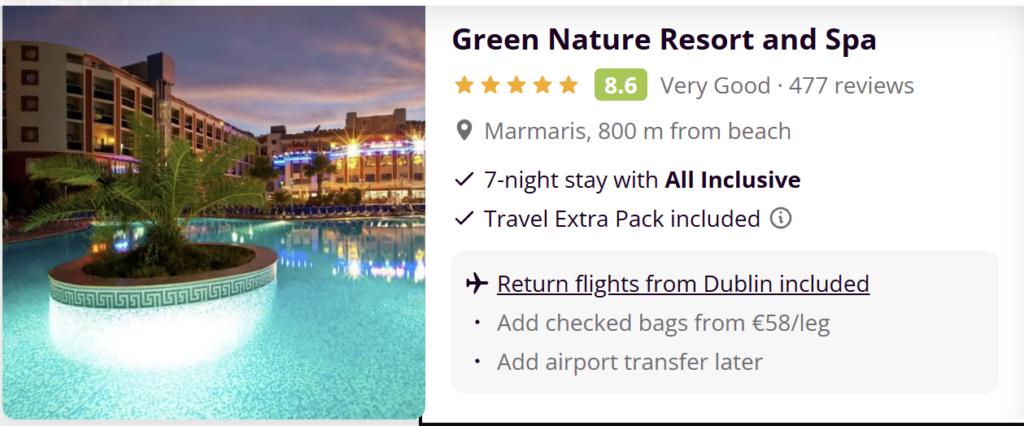 Family holiday in Marmaris Turkey at Green Nature Resort and Spa with swimming pool, beach and all-inclusive package from Dublin.