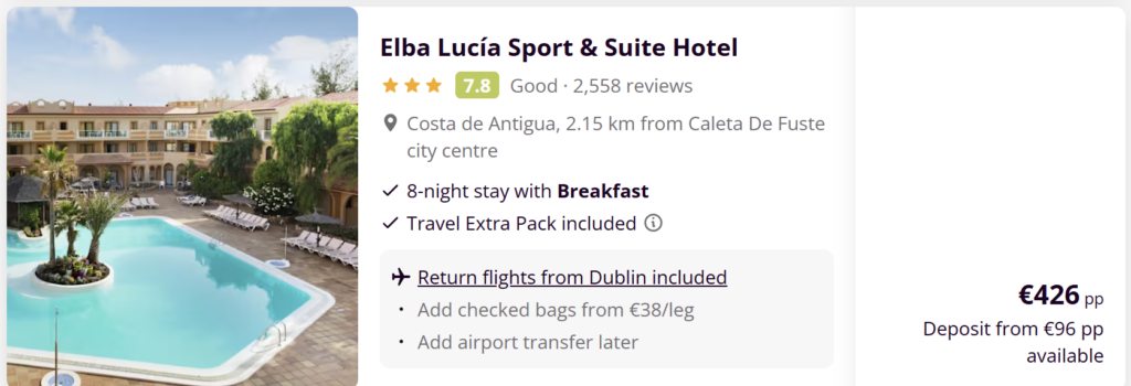 Fuerteventura holiday from Dublin with flights and hotel – Elba Lucía Sport & Suite Hotel in Costa de Antigua with breakfast included and 8 night stay.