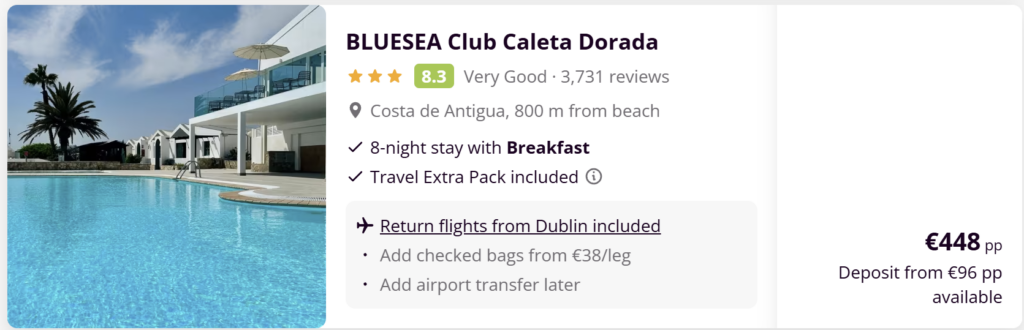 Cheap Fuerteventura package holiday from Dublin – BLUESEA Club Caleta Dorada in Costa de Antigua with breakfast included, return flights and 8 night stay.