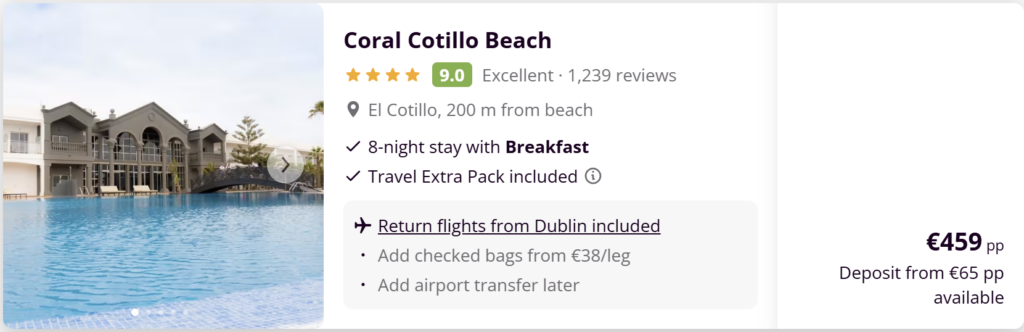 Fuerteventura holiday from Dublin with flights and hotel – Coral Cotillo Beach resort in El Cotillo near the beach with breakfast included and 8-night stay