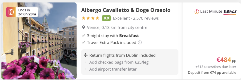 Venice from Dublin 3-night flight and hotel deal at Albergo Cavalletto & Doge Orseolo with breakfast included, just 0.13 km from Venice city centre. Return flights from Dublin included, Travel Extra Pack included, price from €484 per person. Central Venice stay near St. Mark’s Square.