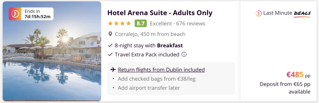 Fuerteventura package holiday from Dublin – Hotel Arena Suite adults-only stay in Corralejo with breakfast included, return flights from Dublin and 8 nights accommodation.