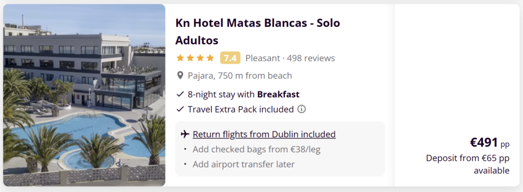 Fuerteventura holiday package from Dublin – KN Hotel Matas Blancas adults-only hotel in Pajara with breakfast included, return flights from Dublin and 8-night stay.