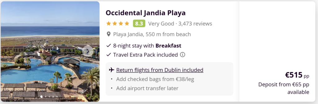 Fuerteventura package holiday from Dublin – Occidental Jandia Playa hotel near Jandia beach with breakfast included, return flights from Dublin and 8-night stay.