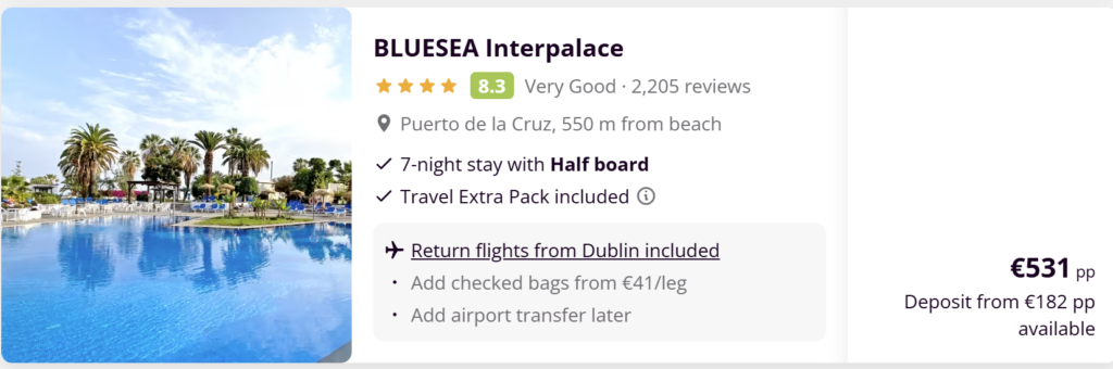 BLUESEA Interpalace Tenerife holiday from Dublin with flights included, 7-night half board stay in Puerto de la Cruz near the beach from €531 per person.