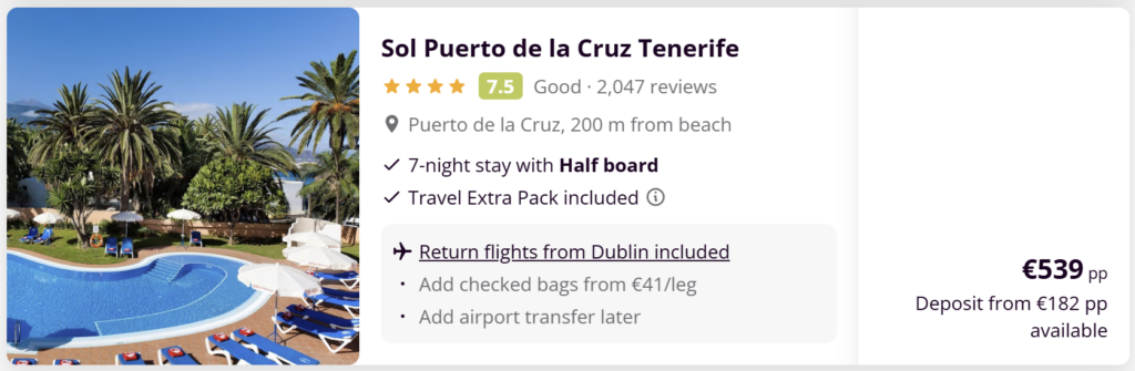 Sol Puerto de la Cruz Tenerife holiday from Dublin with return flights included, 7-night half board stay in Puerto de la Cruz near the beach from €539 per person.